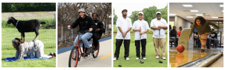 Envision members participating in various activities, yoga, biking, golfing, and bowling.